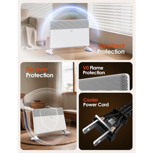 Ballu Convection Panel Space Heater for Large Room,1500W Electric Heater with Programmable Thermostat,WiFi App Control,Standing or Wall Mount,Smart Quiet Heater for Indoor Use,Works with Alexa,White