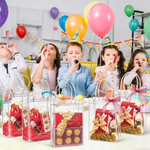 Jutieuo 24 Pack Clear Plastic Gift Bags with Handles, Reusable Transparent Party Favor Bags PVC Goodie Bags Bulk for Wedding, Baby Shower, Birthday (4.9 x 7.5 x 3.2)