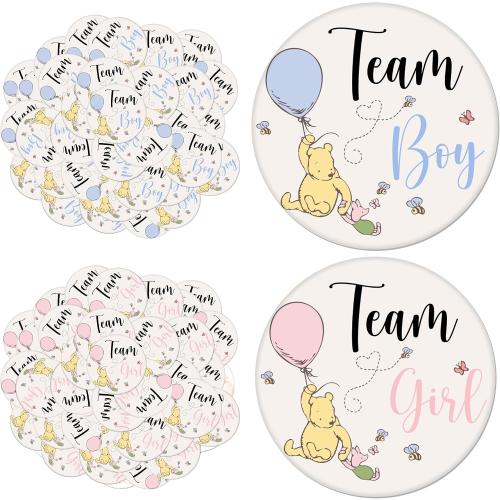 50 Pcs Classic Pooh Gender Reveal Buttons - 25 Team Boy & 25 Team Girl Pins, 1.7 Blue Pink Badges for Winnie Baby Shower Party Favor Game