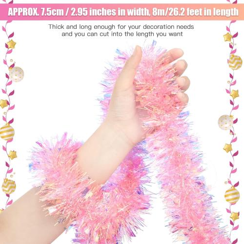 WILLBOND Christmas Tinsel Garland Xmas Metallic Tinsel Twist Garland Glitter Christmas Tree Hanging Wreath Decor for Staircase Railing Banister Indoor Outdoor Ornament (Pink, 26.2 ft)