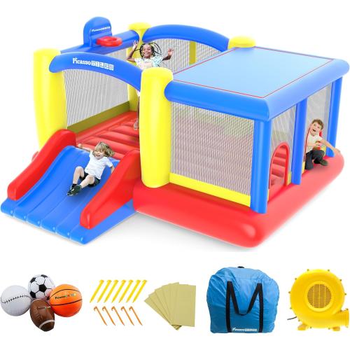 [Upgrade Version] PicassoTiles KC102 12x10 Foot Inflatable Bouncer Jumping Bouncing House, Jump Slide, Dunk Playhouse w/Basketball Rim, 4 Sports Balls, Full-Size Entry, 580W ETL Certified Blower‼️light dirt‼️