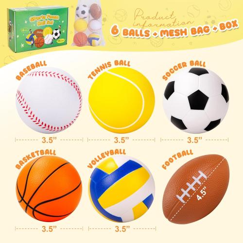 Balls for Toddlers Babies, Soft Baby Toys, 6 Pack 3.5 Foam Balls Kids Sports Set, Small Soccer Basketball Baseball Football Volleyball Tennis, Indoor Outdoor Toys Games Gifts for Boys Girls