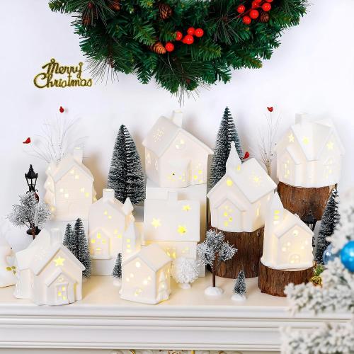 Set of 28 Ceramic Christmas Village Sets 8 Pieces White House with 18 Pieces Snow Tree 2 Lamp Vintage Christmas Decoration for Mantle Table Top Decor (Elegant)