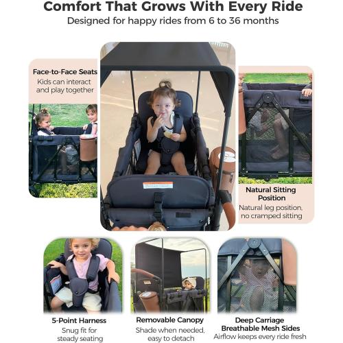 Wagon Stroller for 2 Kids with Insulated Snack Pack Foldable All-Terrain Wagon Stroller, 5-Point Harness & Canopy Parent Organizer Adjustable Handle (Grey)