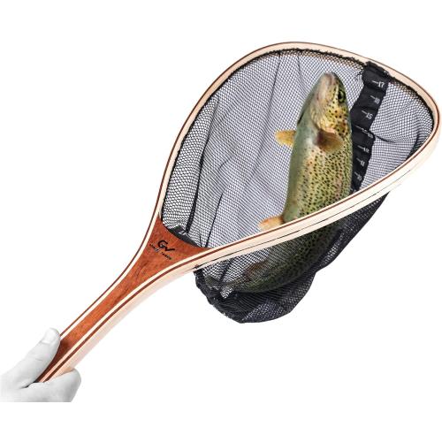 fly fishing net. Fish landing net with magnetic release. Net incorporates tape measure. Perfect for salmon, trout, bass or carp fishing. Fresh or seawater fishing. Strong & light weight for wading canoe or kayak fishing.