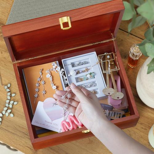 DRASTAR Large Wooden Keepsake Memory Box, Decorative Storage Box with Hinged Lid, Jewelry Gift Box with Lids, Brown