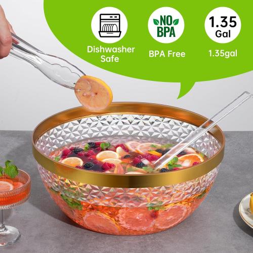 NiHome Gold Trim Clear Plastic Punch Bowl with Ladle and Tong for Parties, Weddings, BBQs, 1.4 Gallon Beverage Serving Bowl Complete Set for Cocktails, Salads, Snacks, Easy to Clean