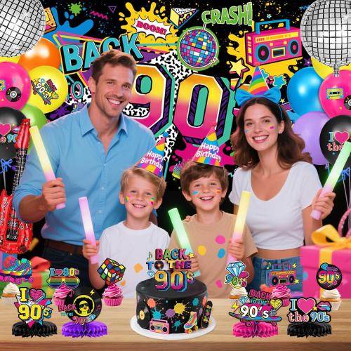 90s Party Decorations Includes 90's Backdrop, Foil & Latex Balloons, Cake & Cupcake Toppers, Honeycomb Centerpieces Banner, Hanging Swirls for 80s 90s Party Decorations