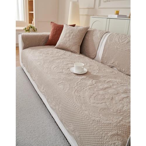 Luxury Vintage Cotton Embroidery Sofa Cover Soft Farmhouse Seat Cushion Cover Floral Quilted Sectional Couch Cover Anti-Slip Sofa Slipcovers Furniture Protector for Dogs Cats (Khaki,36x82)