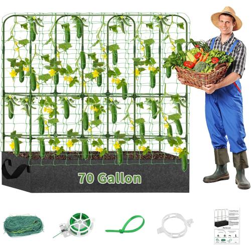 Cucumber Trellis with Grow Bag - Garden Trellis for Climbing Vegetables, 65 X 50 Inch Large Metal Trellis for Climbing Plants Outdoor, Including Twist Ties, Clips, Ties, Nylon Garden Lattice