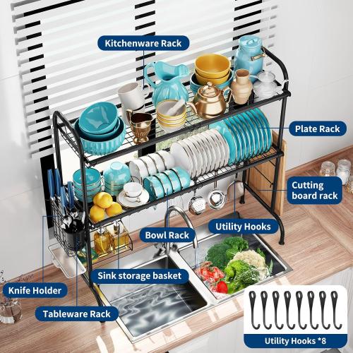 32.3 - 33.9(L) x 11.4(W) x 32.3(H) Black MOUKABAL Dish Drying Rack - Stainless Steel Over The Sink Dish Drying Rack (Expandable Length), 2 Tier Large Dish Rack with Utensil Holder, 32.3 - 33.9(L) x 11.4(W) x 32.3(H) Black