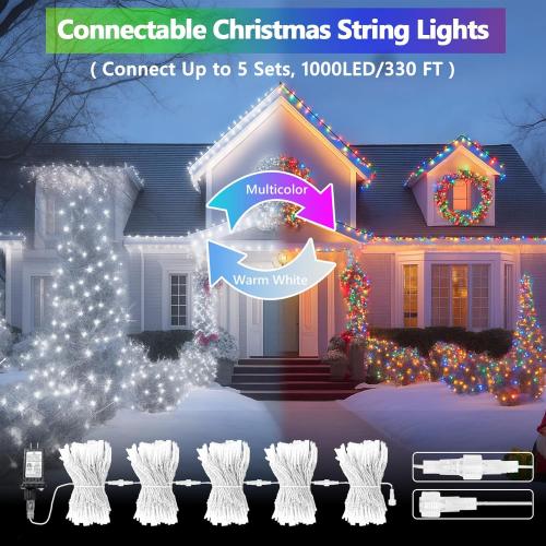 Cool White to Multicolor Color Changing 200 LED 66FT Connectable Christmas String Lights for Outdoor Indoor, 11 Modes Christmas Tree Clear Wire Fairy Waterproof Lights with Memory & Remote & Timer