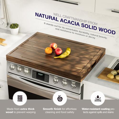 BLUEWEST Noodle Board Stove Cover with Handles, 3 in 1 Wood Stove Top Covers Board for Gas Burners and Electric Stove, Wooden RV Stovetop Cover, Tray for Kitchen Counter Space with Juice Grooves