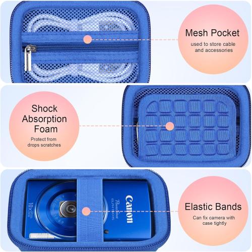 Elonbo Carrying Case for Canon PowerShot ELPH 360 HS A/ 360 HS/ 360/ IXY 650 Digital Camera, Canon PowerShot ELPH 330/190/160/115/130/110 Camera Hard Travel Bag, Mesh Pocket fits Battery Cable, Blue