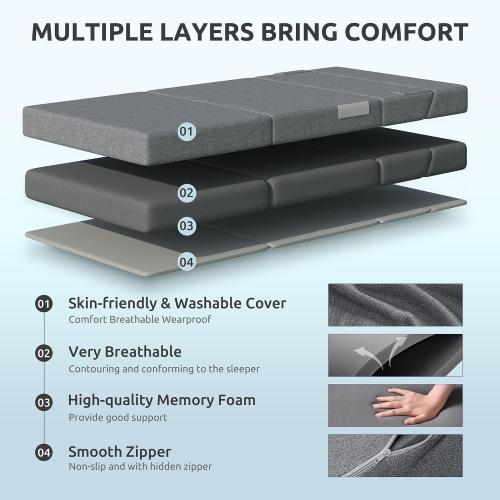 Youzi Folding Sofa Bed, Foldable Mattress for Bedroom and Living Room, 6 Inches Single Four-fold Floor Sofas for Guests, Sofa Bed Chair Floor Mattress with Washable Cover, Dark Gray, 75 x 25 x 6