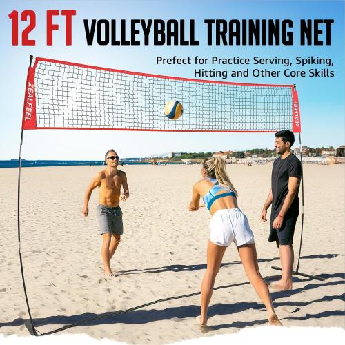 ZEALFEEL 12FT Volleyball Net with 3 Adjustable Heights (8'/7.4'/6.6') | Freestanding Portable Training Set for Backyard, Serving & Spiking Drills, with Carry Bag for Outdoor & Indoor