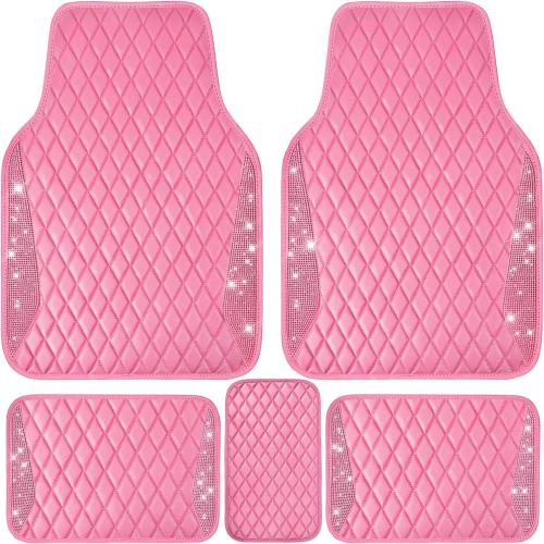CAR PASS Bling Leather Car Mats Shining Diamond Floor Mats Crystal Rhinestones Sparkly Glitter Carpet Anti-Slip Waterproof Pad Universal Fit for Automotive SUV, Sedan, Van, 5pcs for Girl Women Pink