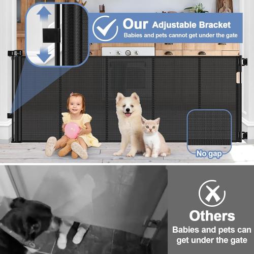 BLACK Reinforced Retractable Baby Gates with Support Beam 60 Wide Retractable Dog Gate Indoor Prevent Children and Dogs from Crawling Under Outdoor Dog Gate for Deck Mesh Gates for Kids or Pets, Black