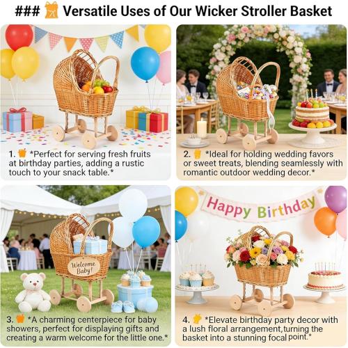 Wicker Flower Girl Basket with Handle, Vintage Rattan Baby Stroller Basket for Wedding Ceremony, Woven Baby Shower Decoration Basket for Church Parties