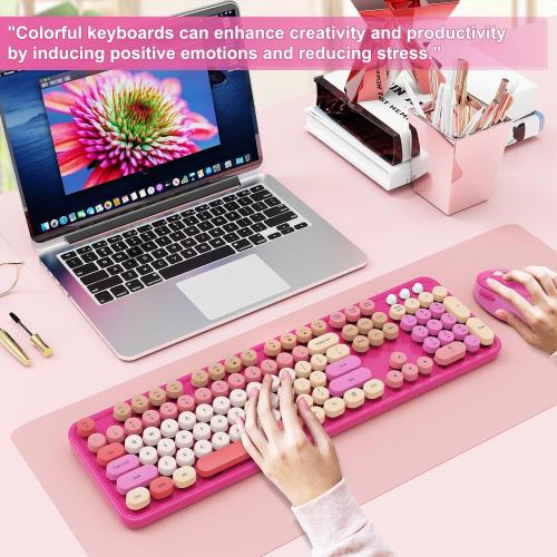 SkyGive Wireless Keyboard and Mouse Combo, Ergonomic Full Size Typewriter Retro Round Keycaps Keyboard, Compatible with Windows, PC, Perfer for Home and Office Keyboards （Red）