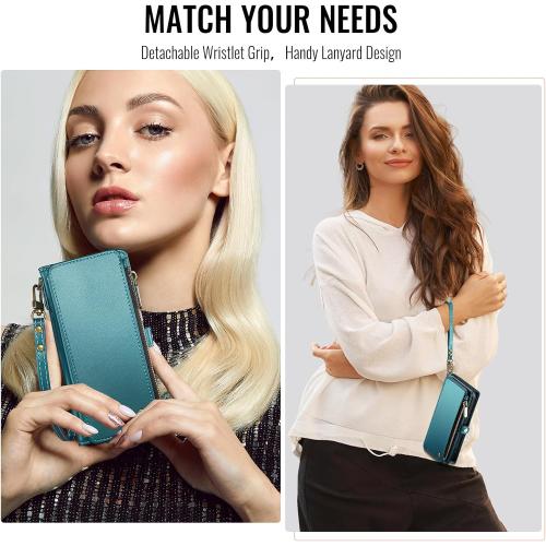 Defencase Compatible with iPhone 17 Pro Case Wallet with RFID Blocking Card Holder for Women and Men, PU Leather Magnetic Snap Flip Zipper Strap Wallet Phone Case for iPhone 17 Pro 6.3, Blue Green