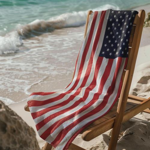 USA American Flag Beach Blanket Towel 30”x60” – 100% Cotton Velour, Highly Absorbent, Fast Drying, Easy-Pack for Spring Break, Vacation, Beach, Pool, or Sunbathing, Lightweight, Compact