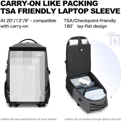 Boavan Rolling Backpack,17 inch Water Resistant Wheeled Backpack,Carry on Luggage Business Bag, Overnight College Computer bag Trolley Suitcase for Men Women Adults to Travel，Grey