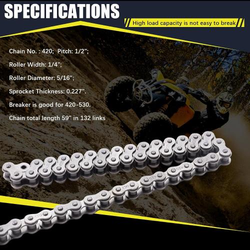 420 Motorcycle Chain 132 Links fit for 50 70 90 110 125cc SSR TaoTao Coolster Apollo Baja 212cc Go Kart Mini Bike Powersports Parts Chinese ATV 4 Wheeler Quad Pit Dirt Bike with Chain Breaker