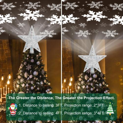 Kesfitt Christmas Tree Topper Sliver Lighted with 6 Projection Modes,Christmas Star Tree Topper Built-in LED Rotating Lights, 3D Glitter Dynamic Projection for Xmas Party Holiday Decorations