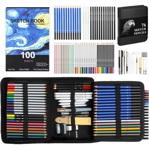 COOL BANK 76 Pack Art Supplies Sketching Kit with 100 Sheets 3-Color Sketchbook, Drawing Pencils Include Graphite Colored Charcoal Watercolor & Metallic Pencils, for Kids Adults Beginner Artists
