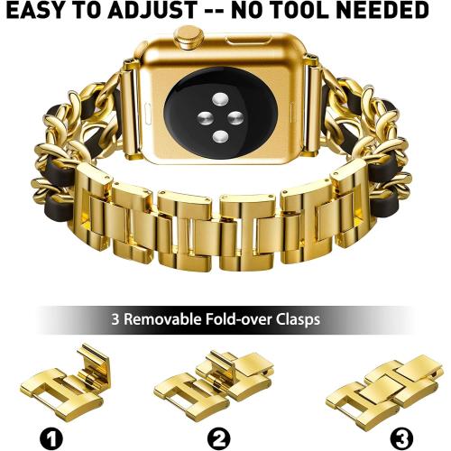 Mosonio Compatible  Apple Watch Band 46mm with Screen Protector Case Women, Jewelry Metal Chain with 2P Bling Case Cover for iWatch Series 11 10(Gold Link with Black Leather)