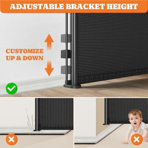 Upgrade Retractable Baby Gates, 35 Tall Extends up to 60 Wide, Mesh Dog Gate Indoor for Stairs, Outdoor Reinforced Pet Gate with Support Rods for Doorways Hallways Kitchen Bedroom, Black