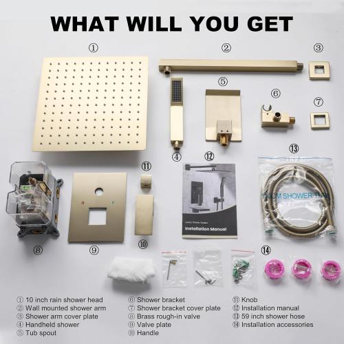 Shower System with Tub Spout, Shower Faucet Set with 10 Inch Rain Showerhead Handheld Shower Tub Spout, Wall Mounted High-Pressure Showerhead Combo Set Included Valve and Trim, Brushed Gold
