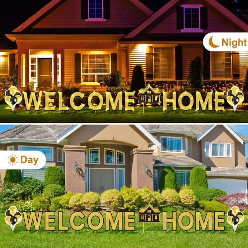 Yerliker 14 Pcs Welcome Home Yard Sign with Stakes LED Light 12.6 Welcome Home Lawn Sign Outdoor Yard Letters Decorations Patriotic Military Homecoming Party Supplies (Gold)