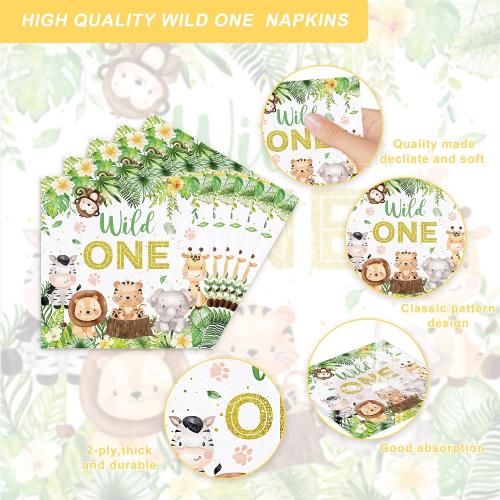120PCS Wild One Party Supplies for Boys 1st Kids First Birthday Party Jungle Animal Safari Decorations Woodland themed Tableware Set Plates Napkins Cups Set for 20 Guests