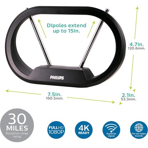 Philips Modern Loop Rabbit Ears Indoor TV Antenna, 15 inch Extendable Dipoles, 4K 1080P VHF UHF, Tabletop Antenna, Digital HDTV Antenna, Smart TV Compatible, 4ft Coaxial Cable, Black, SDV7114A/27
