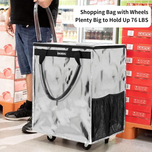 (Large,Silver) Reusable Grocery Bag on Wheels, Foldable Rolling Tote, Shopping Trolley, Zipper Clouser Shopping Carts for Trips, Laundry, 5 Heavy Duty Wheels
