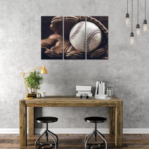 iLOOKLiKE 3 Panels Retro Baseball Canvas Wall Art Vintage Baseball in Glove Poster Sports Pictures Wall Decor for Boy's Room Living Room Decoration Stretched and Framed Each Size Medium