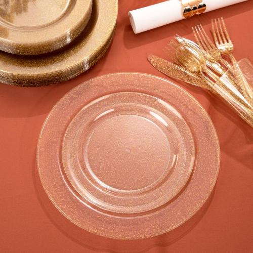 I00000 102PCS Gold Glitter Plastic Plates, Gold Glitter Disposable Plates Clear Plastic Party Plate Include 51 Dinner Plate 10.25 and 51 Dessert Plate 7.5 for Parties &Wedding