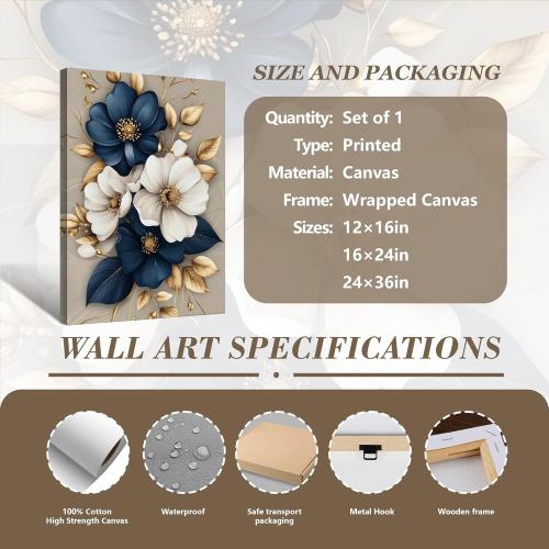 Modern Floral Canvas Wall Art Blue White Gold Flowers Wall Decor Pictures Flower Market Poster Prints for Living Room Bedroom Office Home Decoration 16x24in Ready to Hang