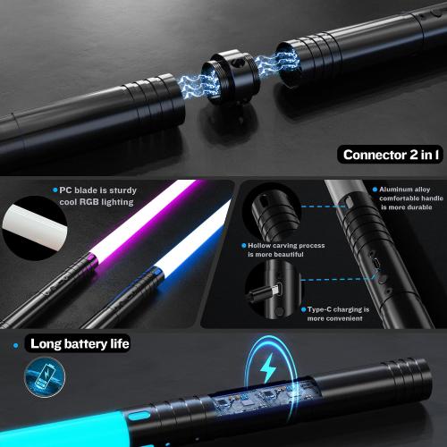 2 Pack Light Saber, 15 Colors and 4 Modes Light up Light Saber for Dueling, 2-in-1 RGB Detachable USB Charge, Gifts Toys for Adults Birthday Christmas Thanksgiving