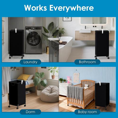 Laundry Basket With Wheels 105L, Large Rolling Laundry Hamper With Removable Bag, Metal Frame Collapsible Dirty Clothes Bin, Cloth Organizer Hampers Pull Handle For Bathroom, Dorm, Bedroom Black