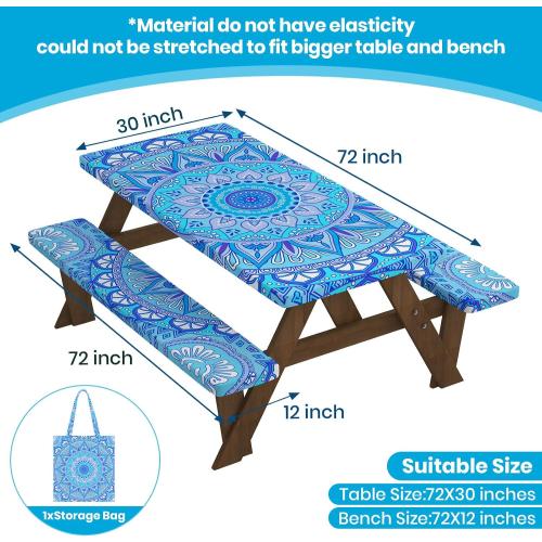 Blue Velway Picnic Table & Bench Covers: 6 FT Water-Resistant Windproof Elastic Fitted Tablecloth   Storage Bag - 3-Piece Set Camping Table   Seat Covers (72x30 Inches)