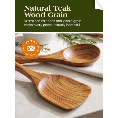 AIUHI 10Pcs Wooden Kitchen Utensils, Teak Wood Utensil Set for Kitchen, Heat-resistant Wooden Spoons for Cooking, Nonstick Wood Spatula Soup Ladle Tong Egg Whisk