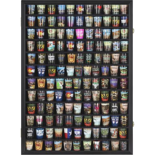 Large 144 Shot Glass Display Case Rack Solid Wood Cabinet Holder Wall Curio Cabinet Shadow Box for Action Figures Small Figurines - Lockable with UV Protection Door - Black Finish