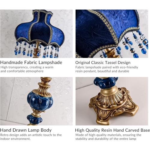 European Style Table Lamp with Fabric Lampshade Hand-Made Antique Varnished Resin Lampbody Victorian Style Table Lamp for Living Room Bedroom(Blue)