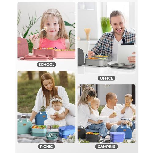 Adults Bento Box with Insulated Lunch Bag, 74oz Capacity 3 Stackable Leak-Proof Bento Box Built-In Utensil and Sauce, PFAS & BPA-Free, Microwave & Dishwasher Safe (Dusk Gray)