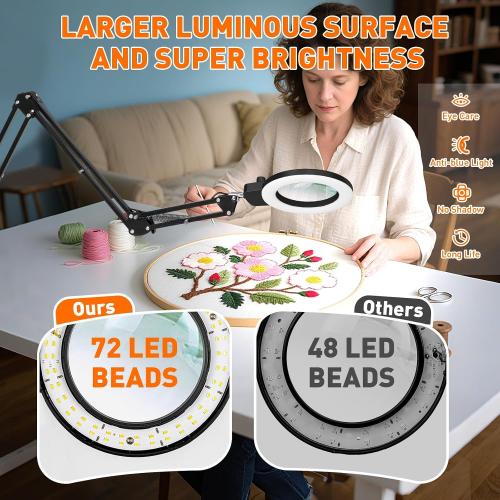 KIRKAS 12X Magnifying Glass with Light and Clamp, Extra-Long Arm Magnifying Lamp Overhead Knob for Workbench Craft Repair Sewing, LED Lighted Magnifier Real Glass Lens Stepless Dimming and Color