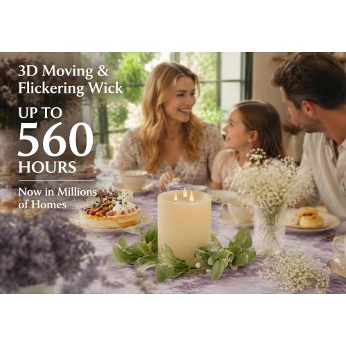 3-Wick Flameless Pillar Candle with Remote Timer, 3D Moving Flame Real Wax Led Candles (Ivory with 3 Wick, 6.5in)
