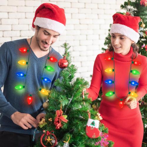 QZYL 2 Pack Christmas Light Necklace, Colorful Christmas Accessories, 9 LED Bulbs Light Up Necklace with 3 Flash Modes, Ugly Sweater Lights for Xmas New Year Party Favor Supplies Accessories